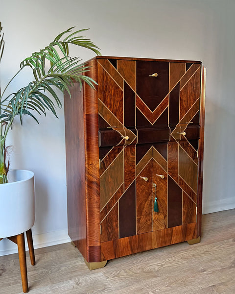 Art Deco Gatsby Walnut Gold Geometric Drinks Cocktail Whiskey Cabinet