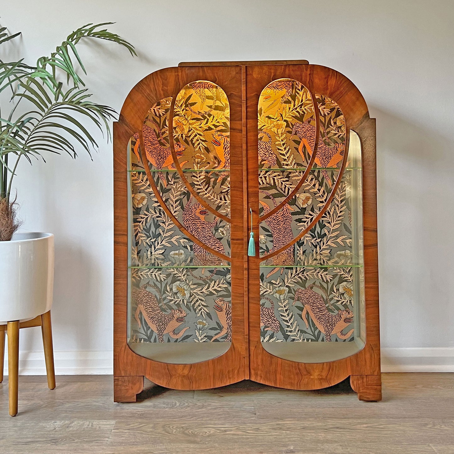 Vintage Art Deco Walnut Glazed Display Drinks Cabinet with Luxurious Sage Green Velvet Interior