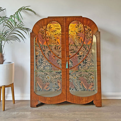 Vintage Art Deco Walnut Glazed Display Drinks Cabinet with Luxurious Sage Green Velvet Interior