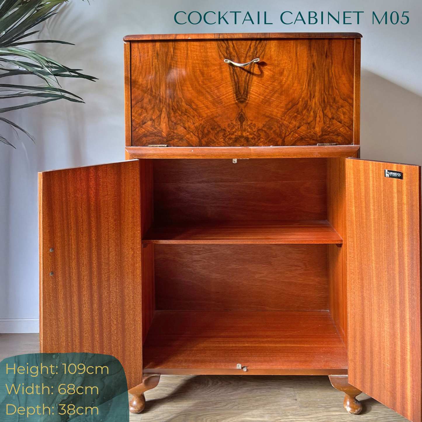Art Deco Walnut Drinks Cocktail Gin Wine Bar Cabinet - Green & Gold  *MADE TO ORDER*