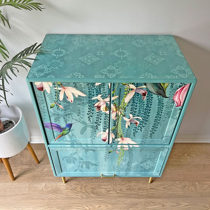 One-of-a-kind G Plan Fresco Drinks Cocktail Cabinet - Aqua Blue - Trailing Orchids - ‘The Humming Hour’