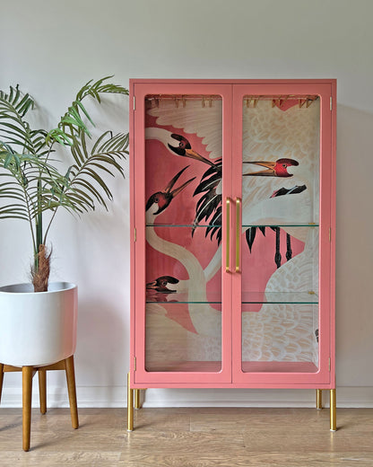 G Plan Modern Glass Display Drinks Cocktail Cabinet - Pink Gucci Herons - Made To Order