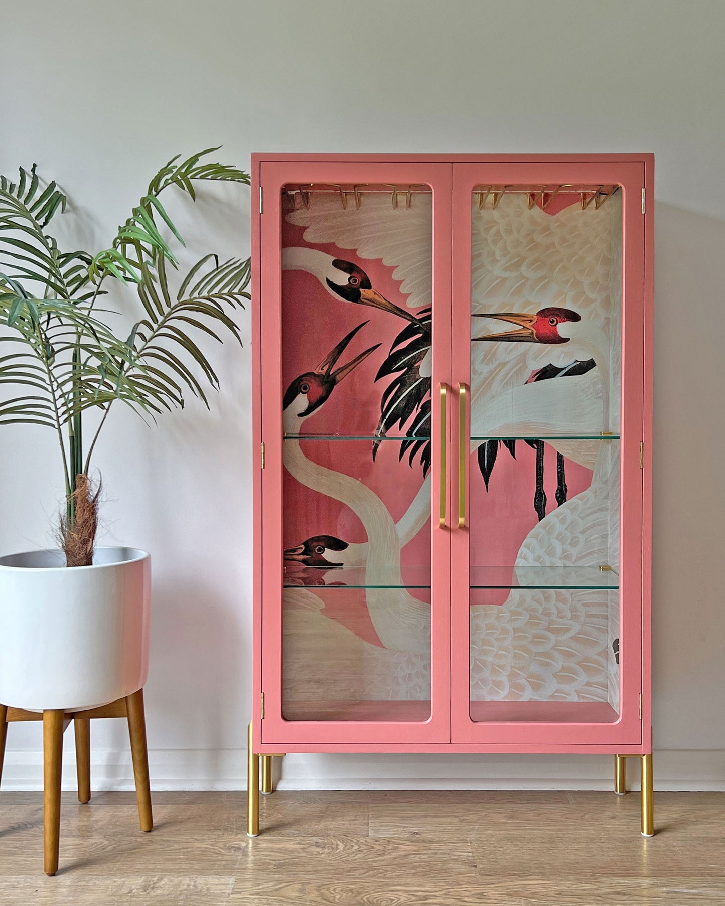 G Plan Modern Glass Display Drinks Cocktail Cabinet - Pink Gucci Herons - *MADE TO ORDER*