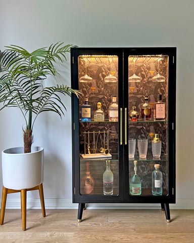 G Plan Black & Gold Glass Fronted Display Drinks Cabinet in Divine Savages Cat-itude - MADE TO ORDER
