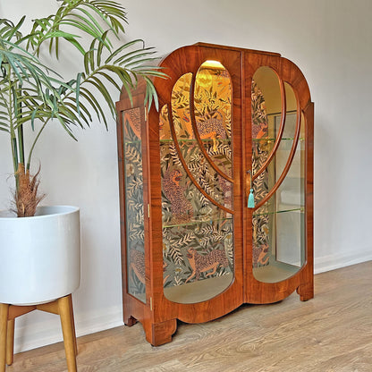 Vintage Art Deco Walnut Glazed Display Drinks Cabinet with Luxurious Sage Green Velvet Interior