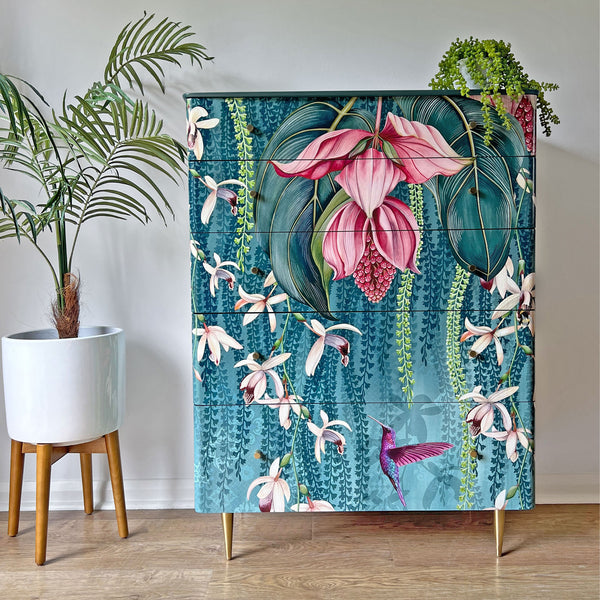 Large Curved Wide Chest of Drawers Decoupaged in Teal Blue 'Trailing Orchids' - Made to Order