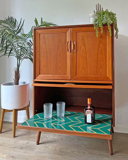 Vintage Mid Century G Plan Fresco Drinks Cocktail Cabinet on Wooden Legs - Green & Gold Chevrons