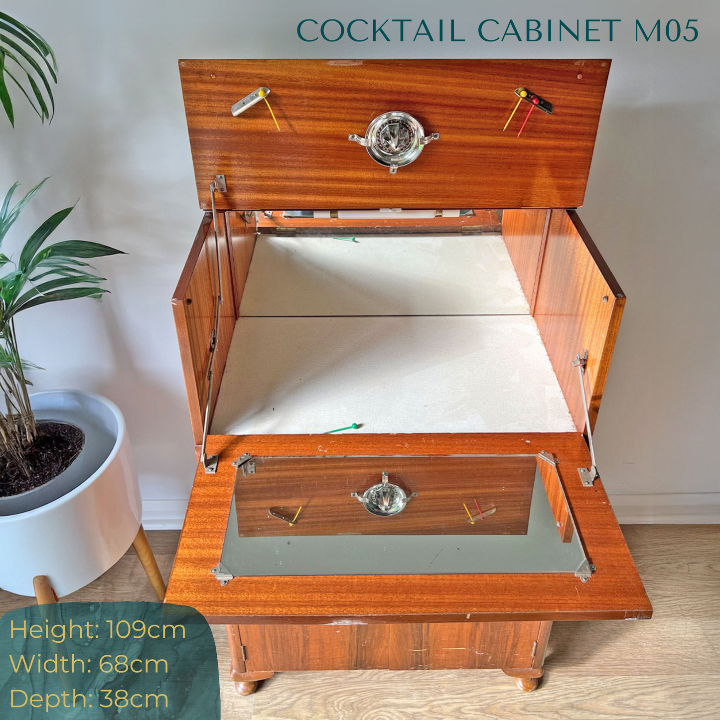 Art Deco Walnut Drinks Cocktail Gin Wine Bar Cabinet - Green & Gold  *MADE TO ORDER*
