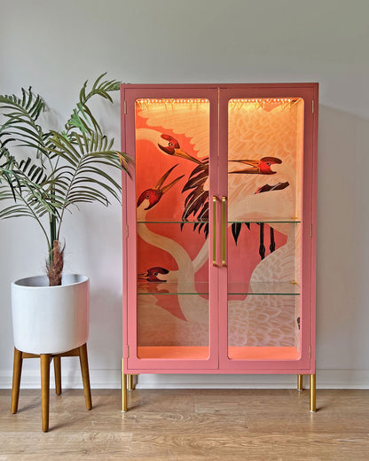 G Plan Modern Glass Display Drinks Cocktail Cabinet - Pink Gucci Herons - *MADE TO ORDER*