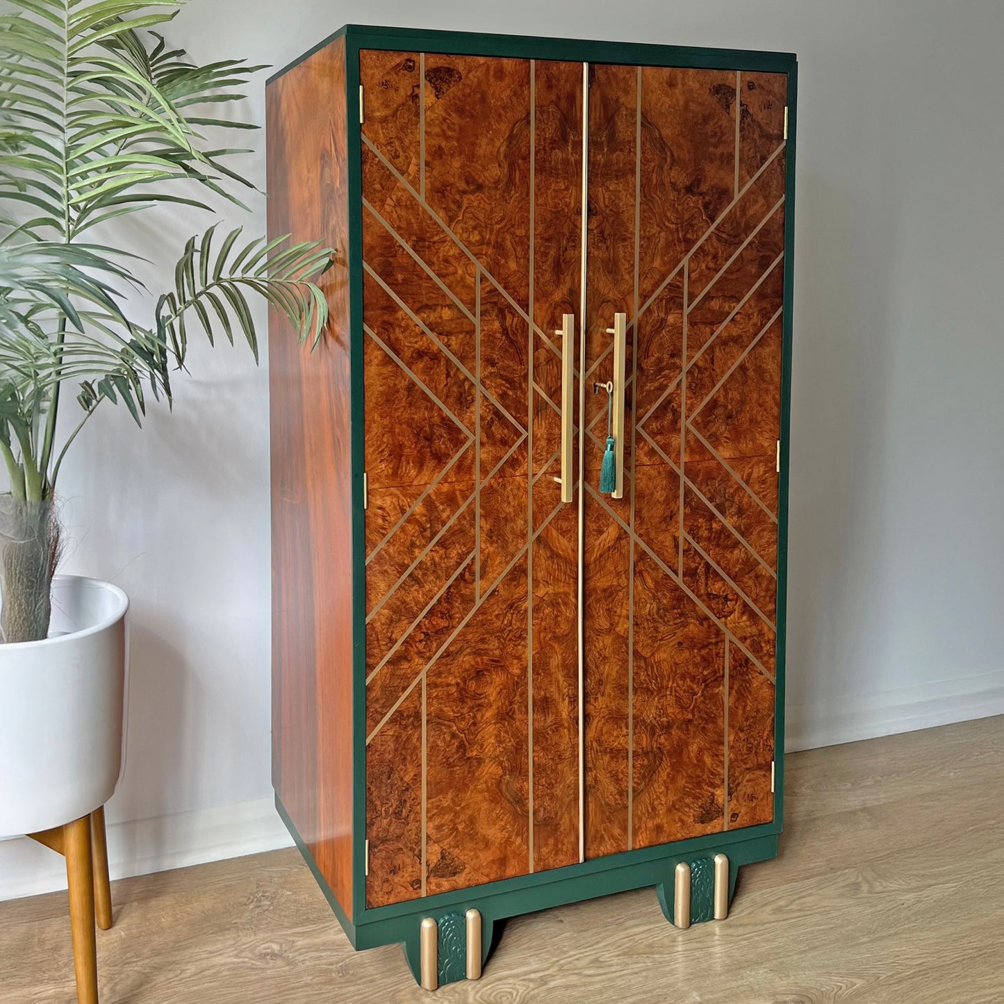Large Art Deco Walnut Drinks Cocktail Gin Wine Bar Cabinet in Green & Gold - *MADE TO ORDER*