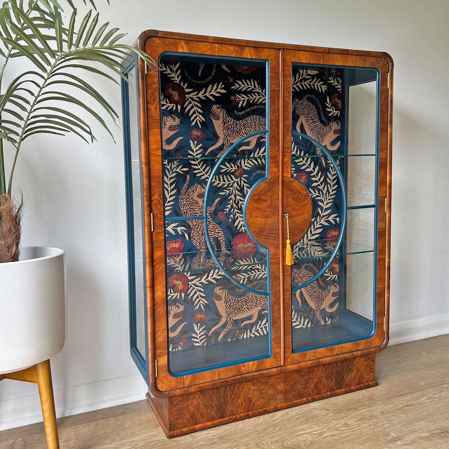 Vintage Art Deco Walnut Glazed Display Drinks Cabinet with Luxurious Velvet Interior - *MADE TO ORDER*