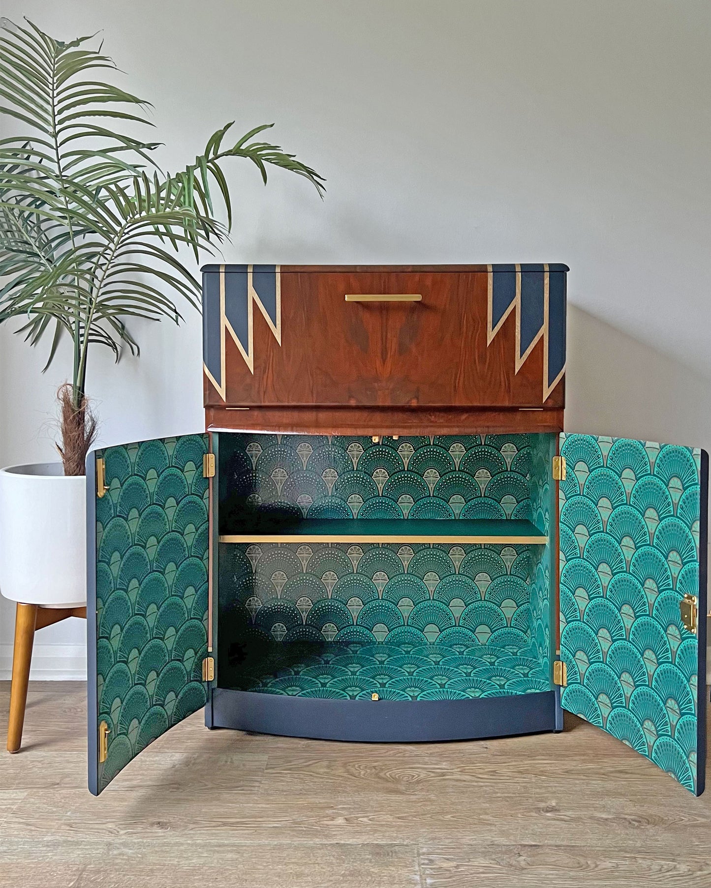 Vintage Walnut 1920s Art Deco Cocktail Cabinet - Bespoke Hand-Painted Design - Midnight Rising - *MADE TO ORDER*