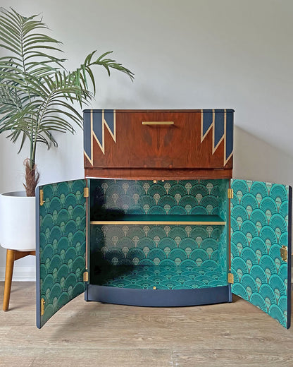 Vintage Walnut 1920s Art Deco Cocktail Cabinet - Bespoke Hand-Painted Design - Midnight Rising - Made to Order