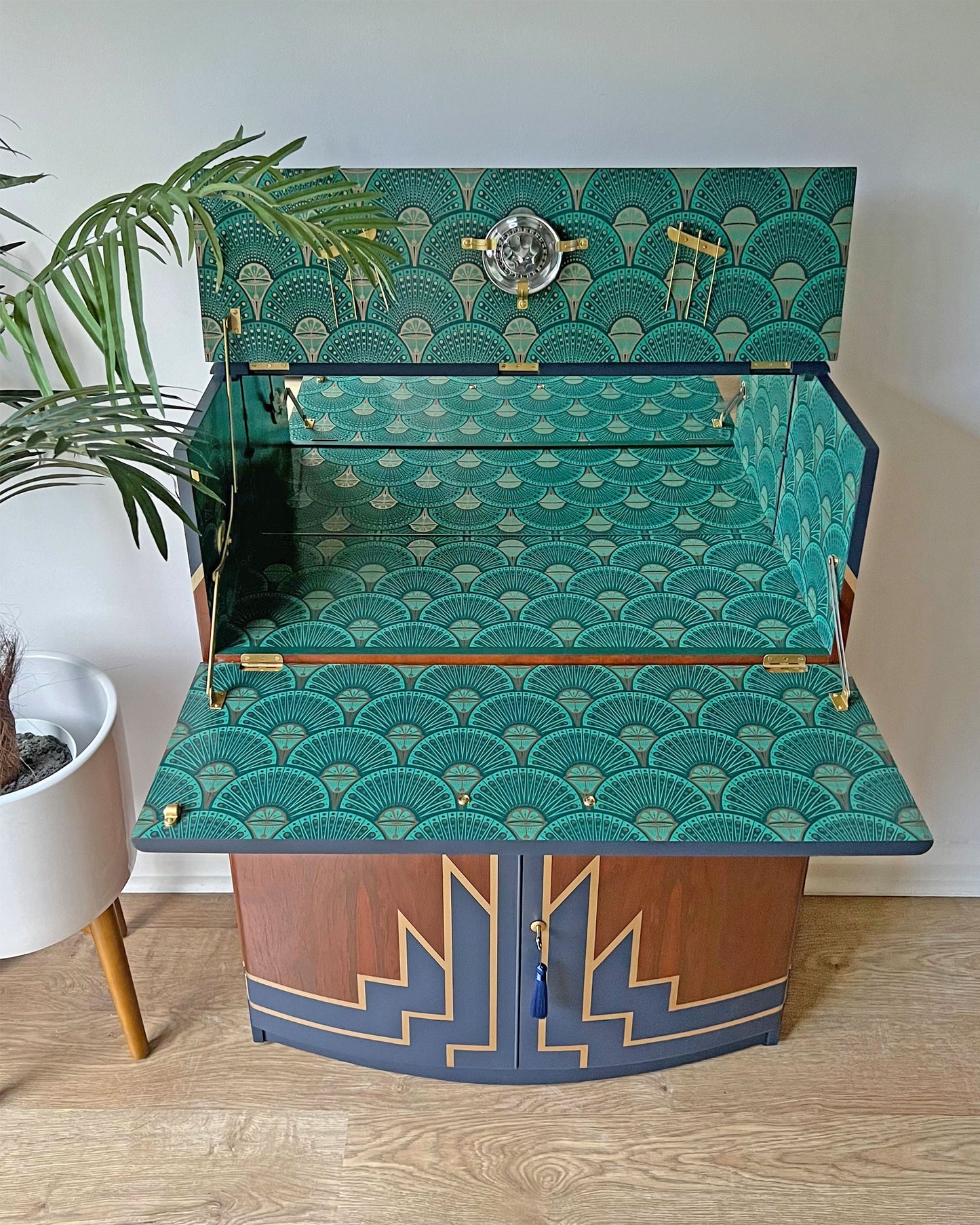 Vintage Walnut 1920s Art Deco Cocktail Cabinet - Bespoke Hand-Painted Design - Midnight Rising - Made to Order