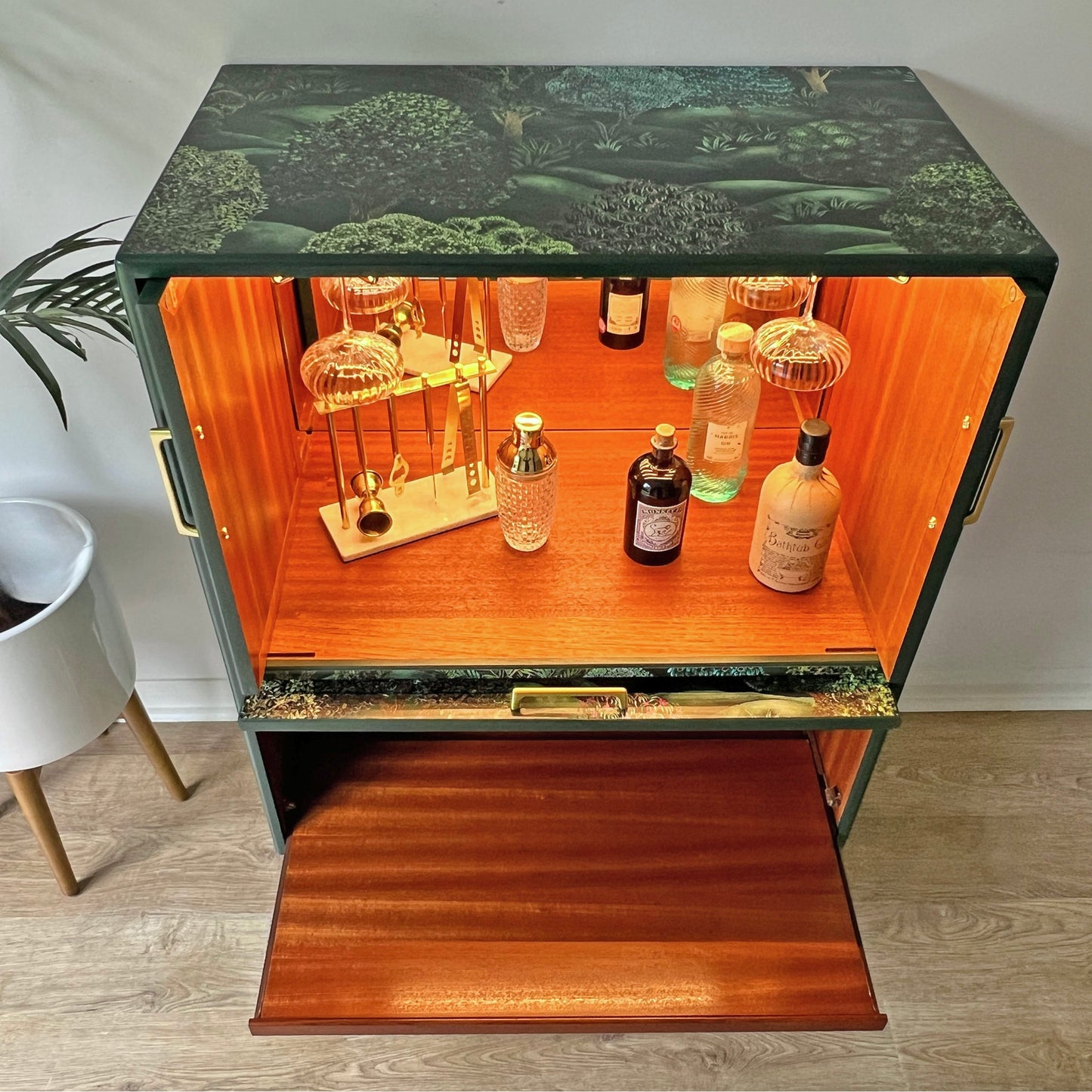 Vintage Mid Century G Plan Fresco Drinks Cocktail Cabinet - Cole & Son Forest - Brass Legs - *MADE TO ORDER*