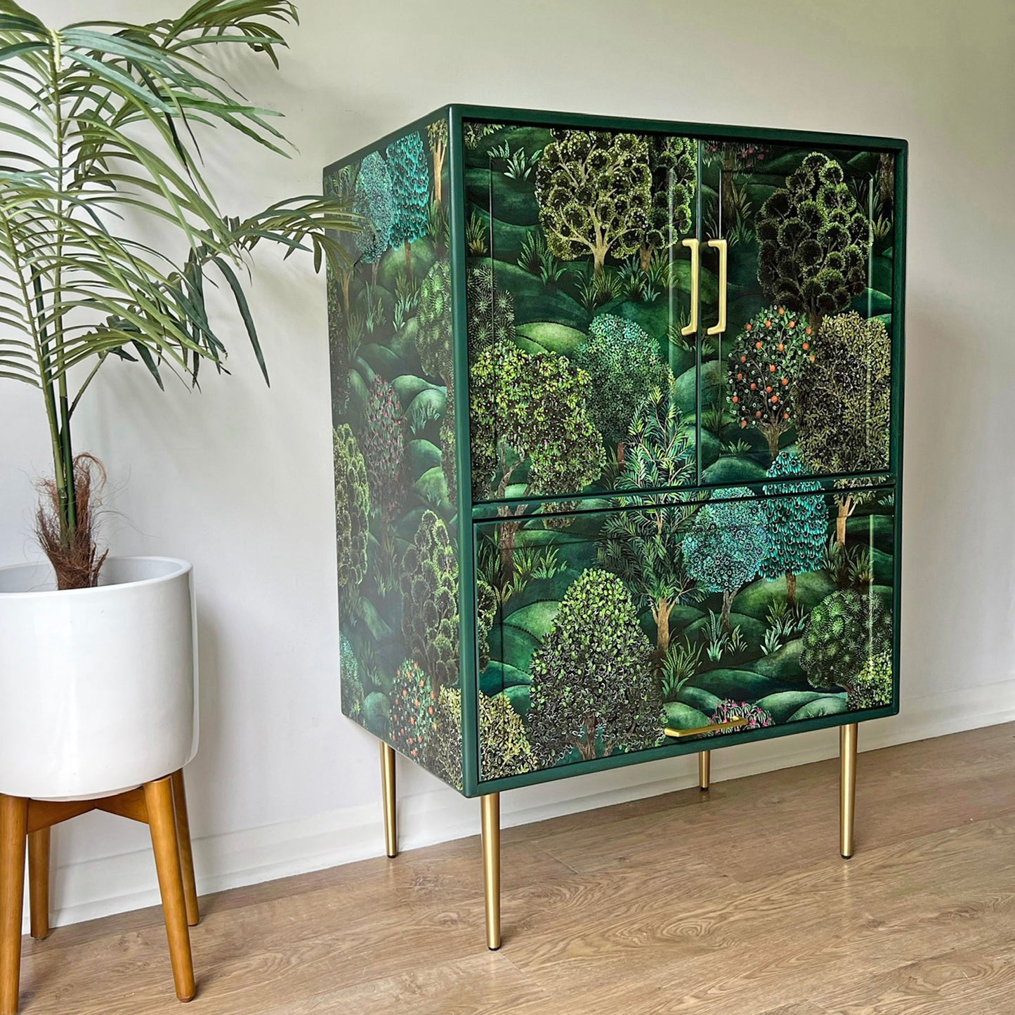 Vintage Mid Century G Plan Fresco Drinks Cocktail Cabinet - Cole & Son Forest - Brass Legs - *MADE TO ORDER*