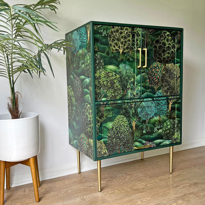 Vintage Mid Century G Plan Fresco Drinks Cocktail Cabinet - Cole & Son Forest - Brass Legs - *MADE TO ORDER*