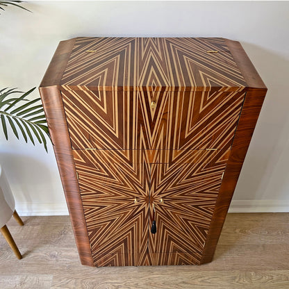 Luxury Art Deco Gold Starburst Walnut Drinks Cocktail Cabinet - ‘The Supernova’