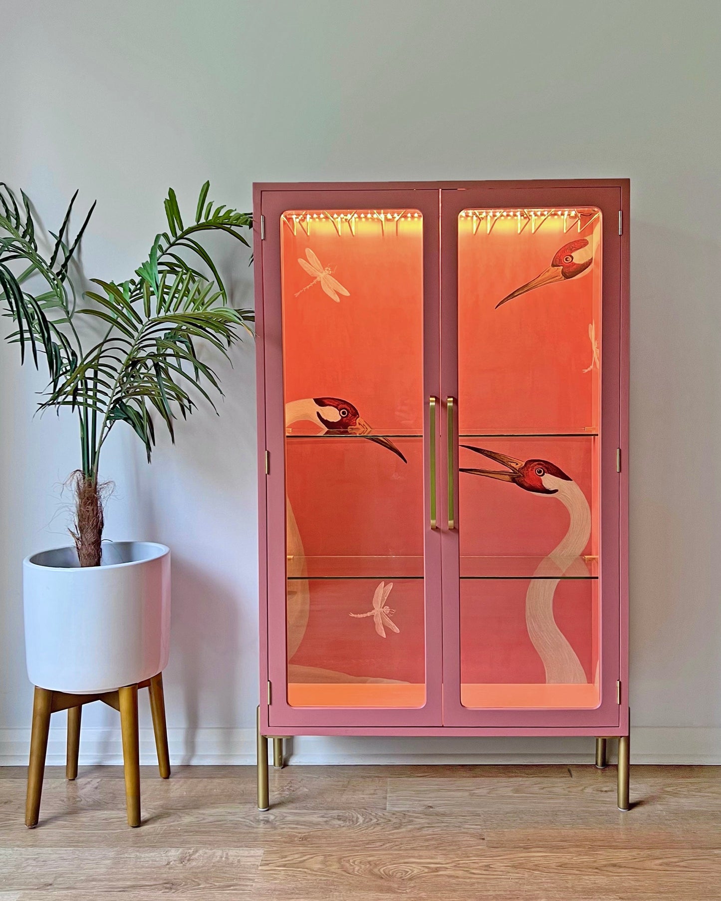 G Plan Modern Glass Display Drinks Cocktail Cabinet - Pink Gucci Herons - *MADE TO ORDER*