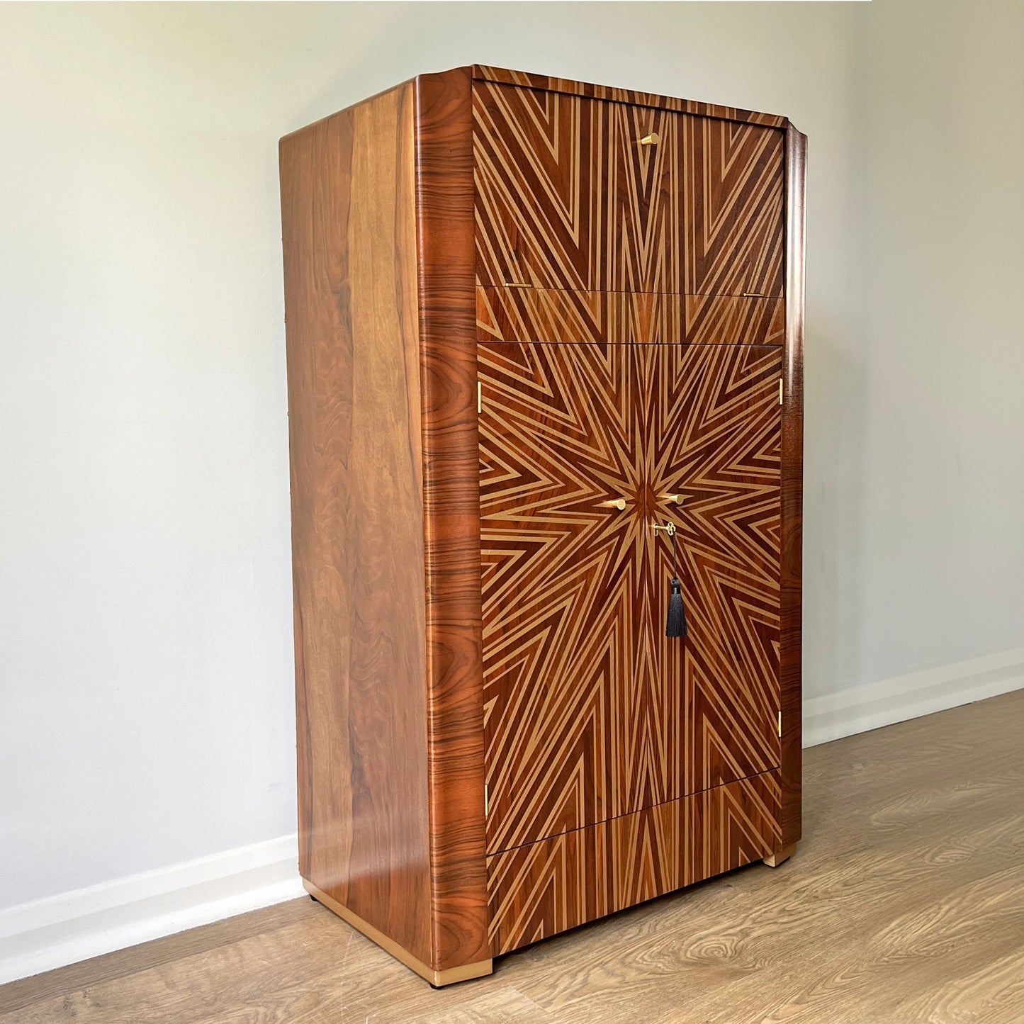 Luxury Art Deco Gold Starburst Walnut Drinks Cocktail Cabinet - ‘The Supernova’