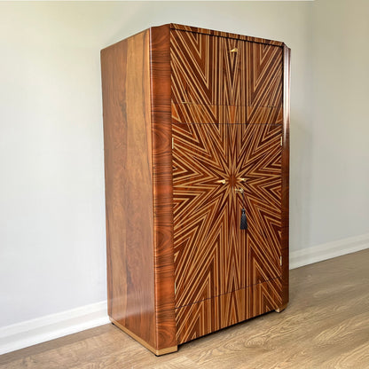 Luxury Art Deco Gold Starburst Walnut Drinks Cocktail Cabinet - ‘The Supernova’