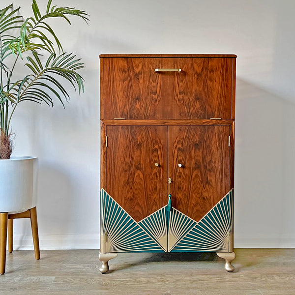Art Deco Walnut Drinks Cocktail Gin Wine Bar Cabinet - Green & Gold  *MADE TO ORDER*