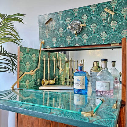 Art Deco Walnut Drinks Cocktail Gin Wine Bar Cabinet - Green & Gold  *MADE TO ORDER*