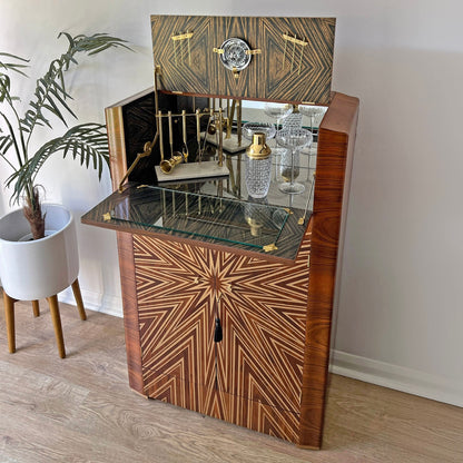 Luxury Art Deco Gold Starburst Walnut Drinks Cocktail Cabinet - ‘The Supernova’
