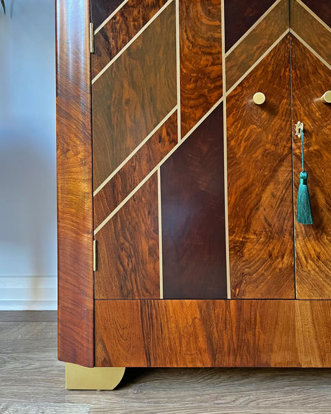 Art Deco Gatsby Walnut Gold Geometric Drinks Cocktail Whiskey Cabinet
