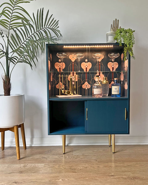 Vintage Blue and Gold Art Noveau/Deco Slimline Cocktail Drinks Cabinet Gin Bar
