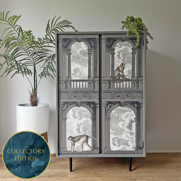 Grey Fornasetti Procuratie Con Vista 
Drinks Cabinet & Whiskey Bar Storage - ‘Mischief in Monochrome’