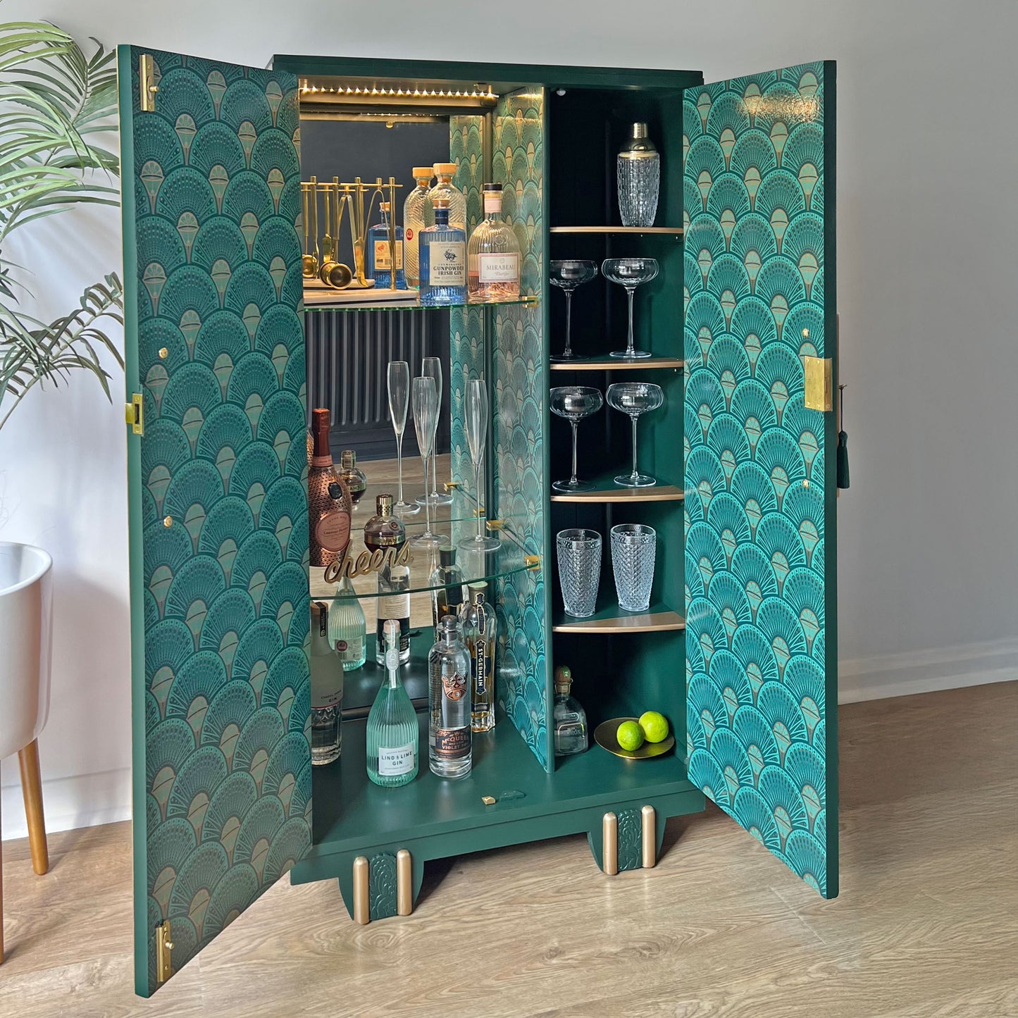 Large Art Deco Walnut Drinks Cocktail Gin Wine Bar Cabinet in Green & Gold - *MADE TO ORDER*