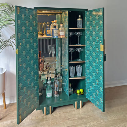 Large Art Deco Walnut Drinks Cocktail Gin Wine Bar Cabinet in Green & Gold - *MADE TO ORDER*