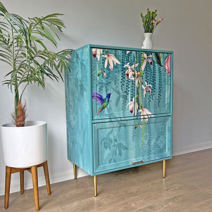 One-of-a-kind G Plan Fresco Drinks Cocktail Cabinet - Aqua Blue - Trailing Orchids - ‘The Humming Hour’