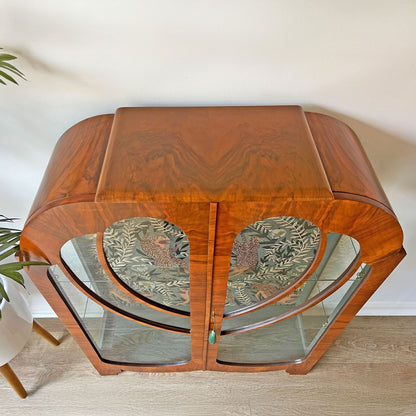 Vintage Art Deco Walnut Glazed Display Drinks Cabinet with Luxurious Sage Green Velvet Interior