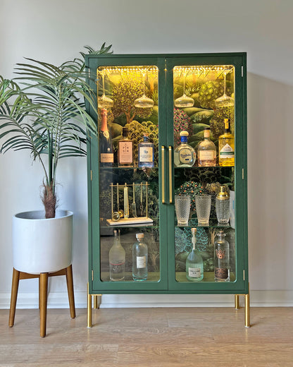 Green G Plan Modern Glass Display Drinks Cocktail Cabinet - Cole & Son Forest - Made To Order