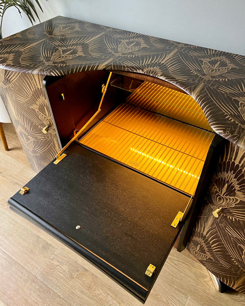 Art Deco Beautility Walnut Cocktail Cabinet with Black & Gold Decadent Design