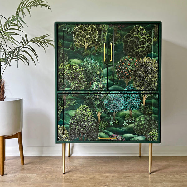 Vintage Mid Century G Plan Fresco Drinks Cocktail Cabinet - Cole & Son Forest - Brass Legs - *MADE TO ORDER*