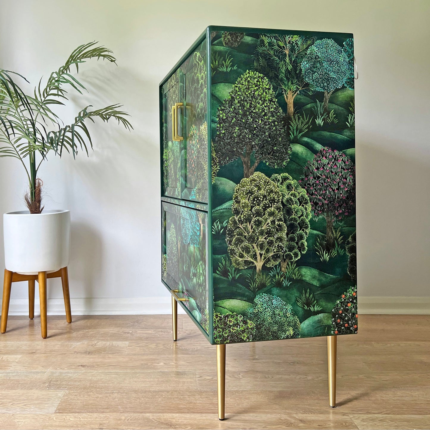 Vintage Mid Century G Plan Fresco Drinks Cocktail Cabinet - Cole & Son Forest - Brass Legs - *MADE TO ORDER*