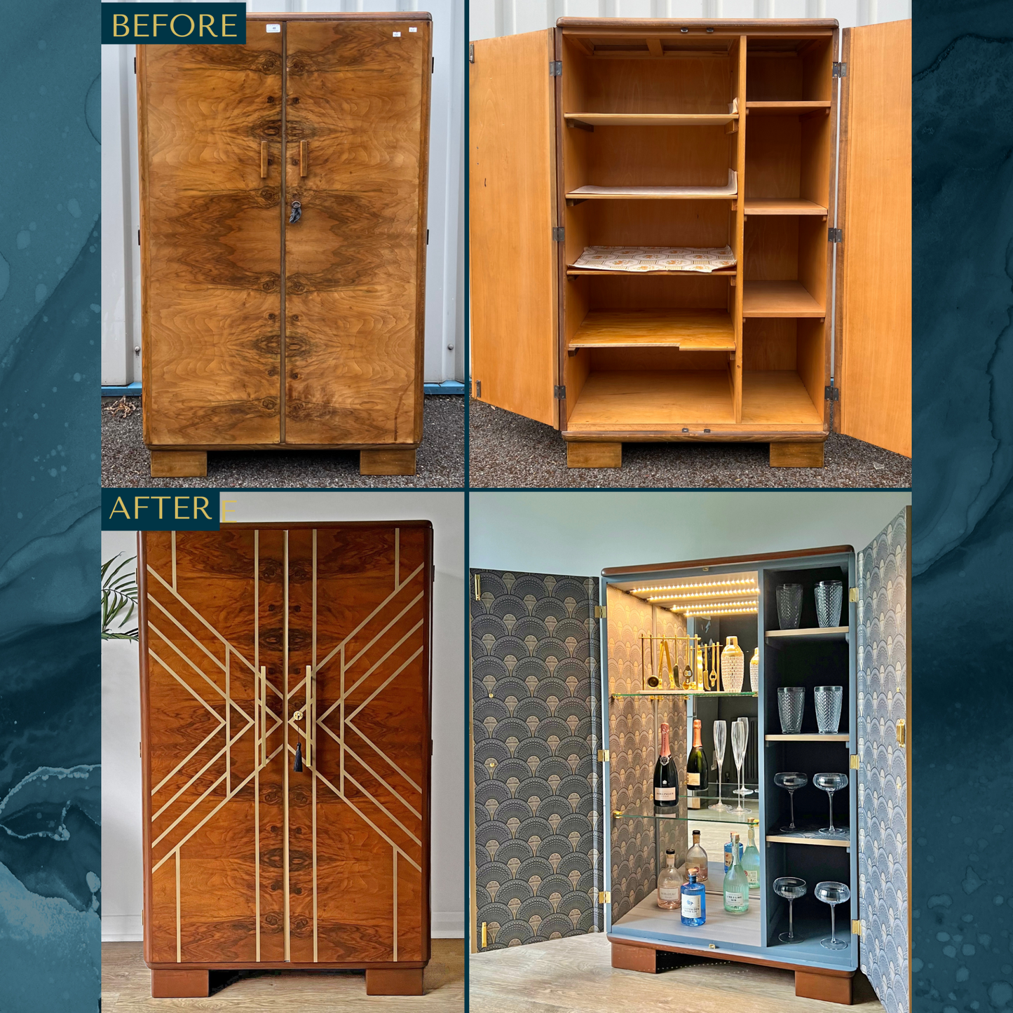 Large Art Deco Walnut Drinks Cabinet / Whiskey Bar - Gold Geometric Design - *MADE TO ORDER*