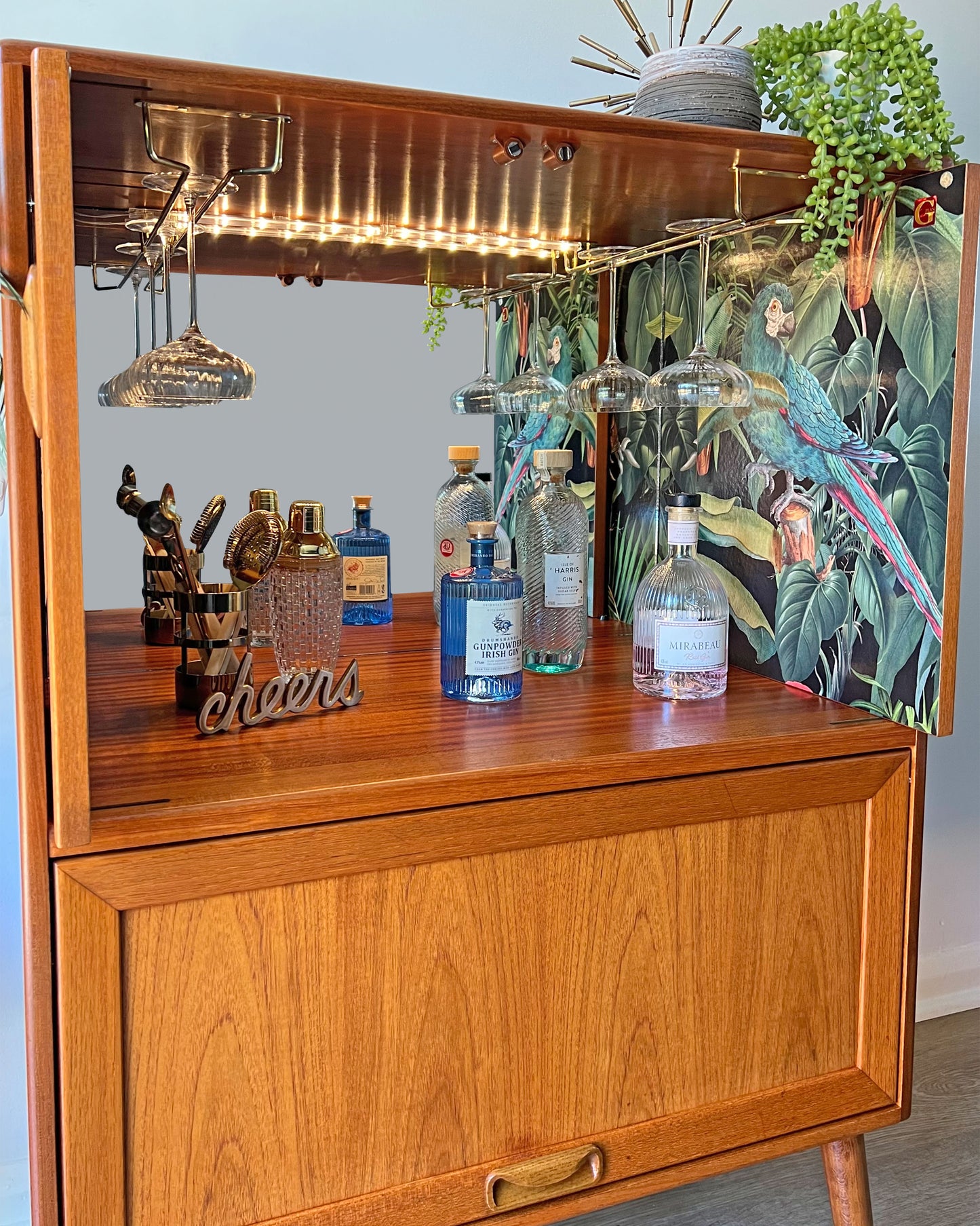 Vintage Mid Century G Plan Fresco Drinks Cocktail Cabinet on Wooden Legs - Tropical Parrot