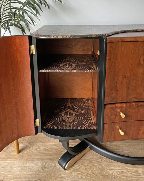 Art Deco Beautility Walnut Cocktail Cabinet with Black & Gold Decadent Design