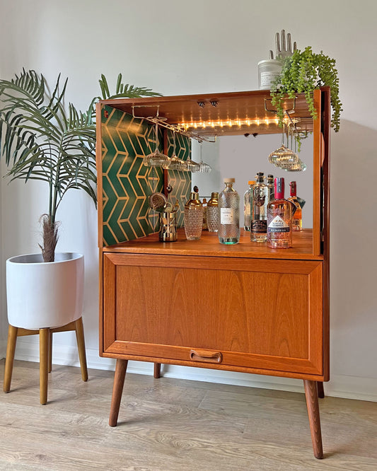 Vintage Mid Century G Plan Fresco Drinks Cocktail Cabinet on Wooden Legs - Green & Gold Chevrons