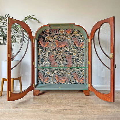 Vintage Art Deco Walnut Glazed Display Drinks Cabinet with Luxurious Sage Green Velvet Interior