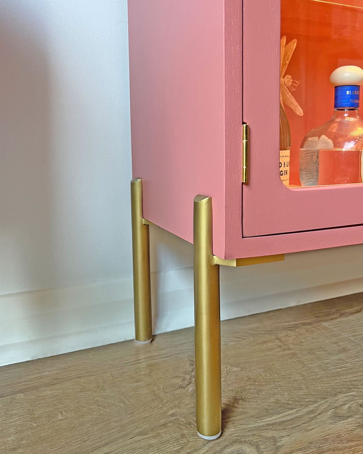 G Plan Modern Glass Display Drinks Cocktail Cabinet - Pink Gucci Herons - *MADE TO ORDER*