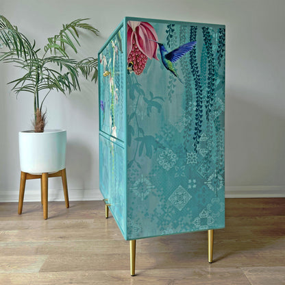 One-of-a-kind G Plan Fresco Drinks Cocktail Cabinet - Aqua Blue - Trailing Orchids - ‘The Humming Hour’