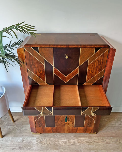 Art Deco Gatsby Walnut Gold Geometric Drinks Cocktail Whiskey Cabinet