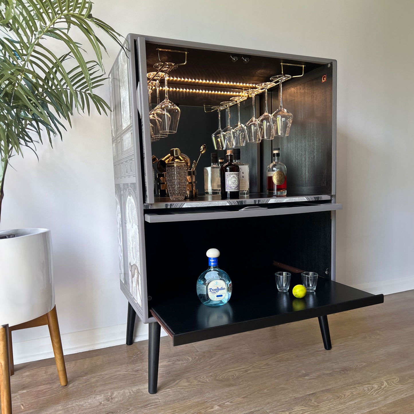 Vintage Mid Century G Plan Fresco Drinks Cocktail Cabinet - Grey Fornasetti Procuratie Con Vista - *MADE TO ORDER*