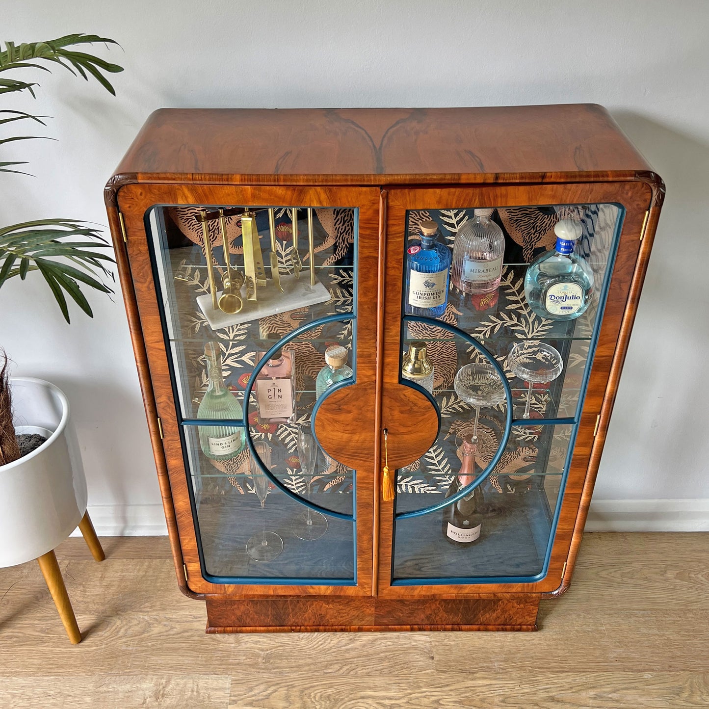 Vintage Art Deco Walnut Glazed Display Drinks Cabinet with Luxurious Velvet Interior - *MADE TO ORDER*