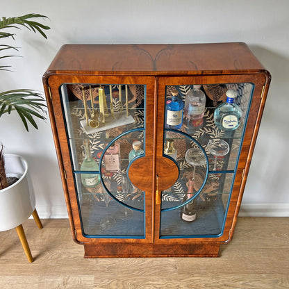 Vintage Art Deco Walnut Glazed Display Drinks Cabinet with Luxurious Velvet Interior - *MADE TO ORDER*